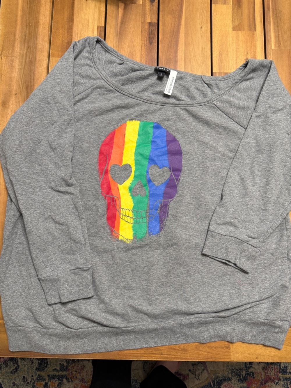 Gray Wide Neck Sweatshirt with Rainbow Skull Graphic, Torrid size 2